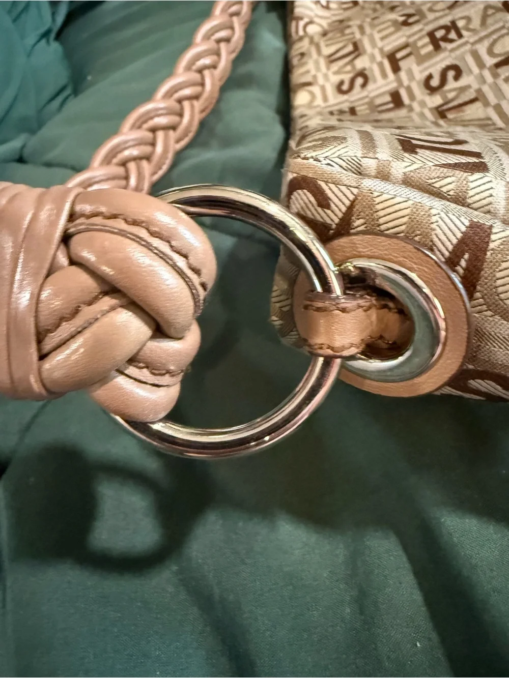 Salvatore Ferragamo Beige & Brown Logo Jacquard Shoulder Bag with Braided Strap